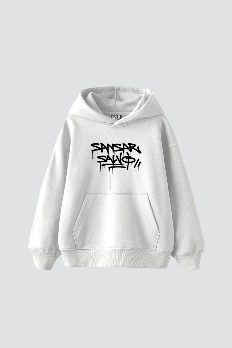 Sansar Salvo Baskılı Oversize Unisex Beyaz Hoodie