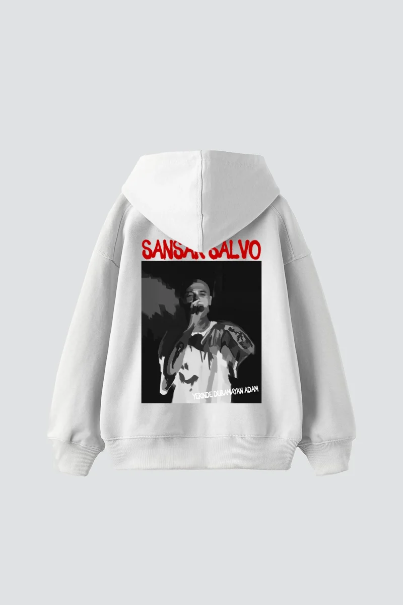 Sansar Salvo Baskılı Oversize Unisex Beyaz Hoodie