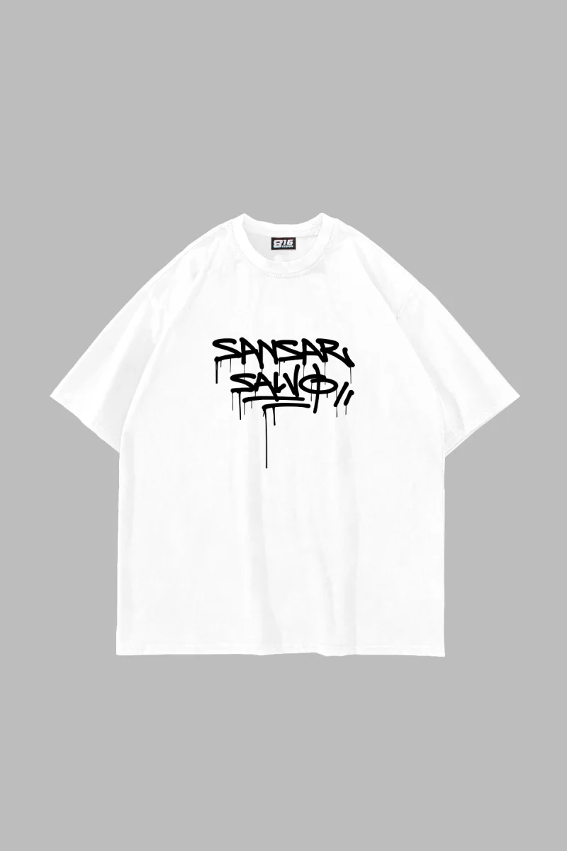 Sansar Salvo Baskılı Oversize Unisex Beyaz Tshirt