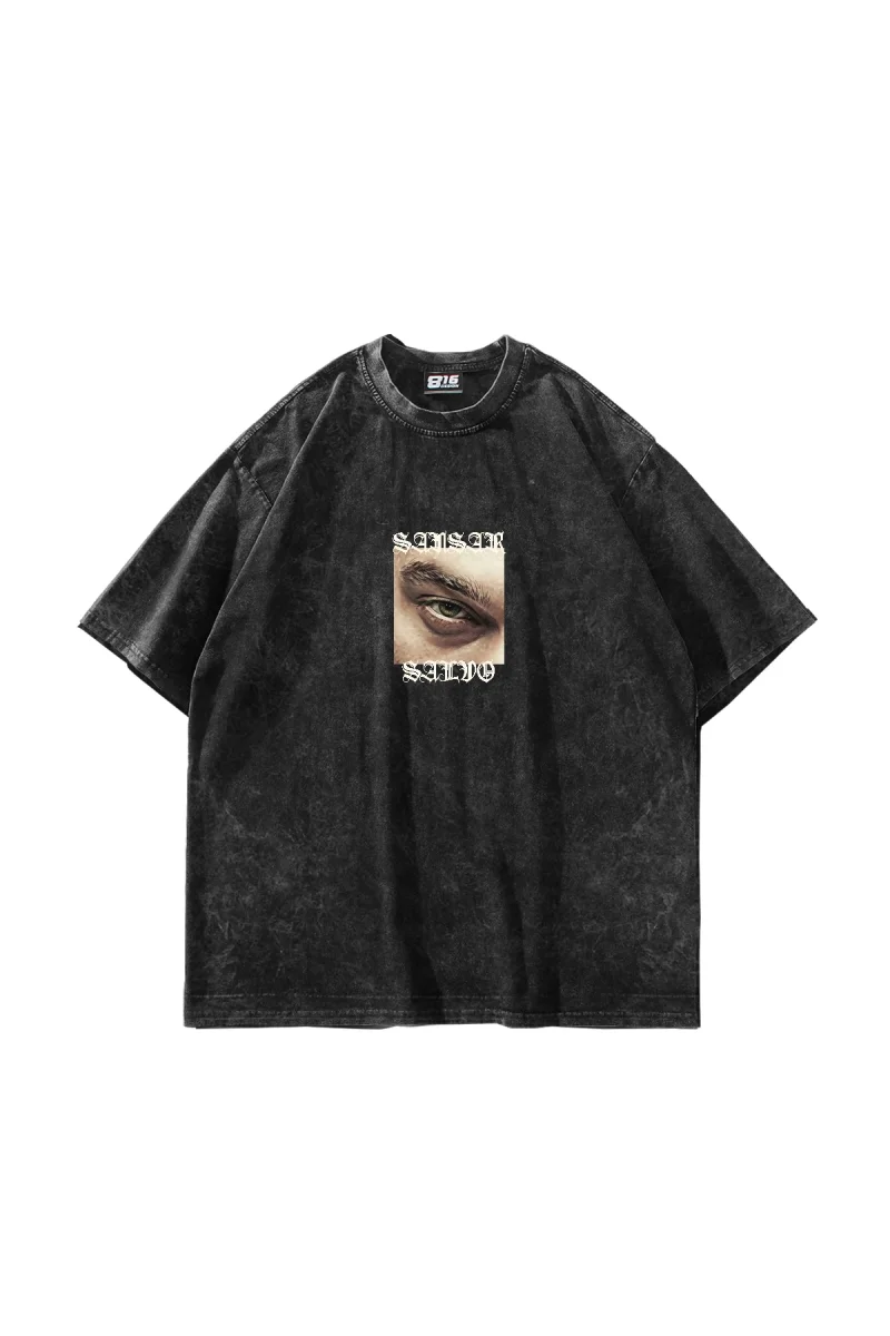 Sansar Salvo Baskılı Oversize Unisex Yıkamalı Siyah Tshirt