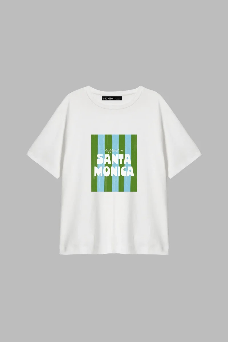 Santa Monica Baskılı Relaxed Fit Beyaz Kadın Tshirt