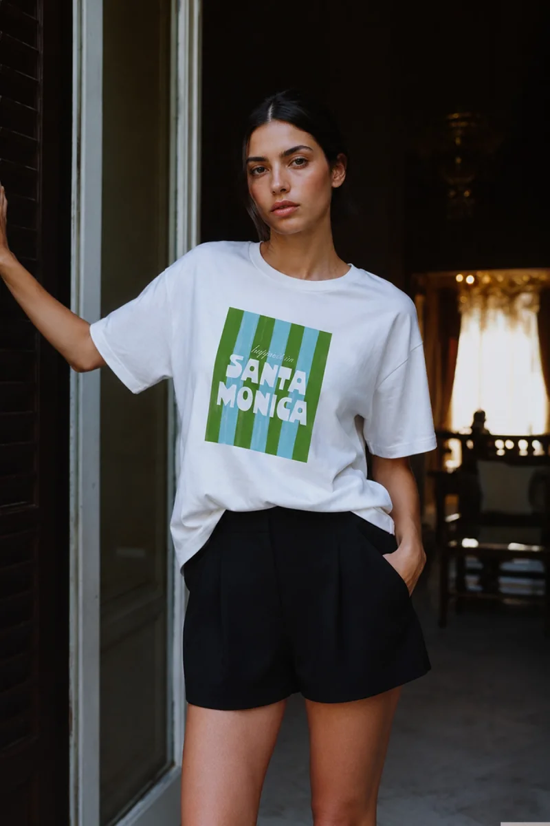 Santa Monica Baskılı Relaxed Fit Beyaz Kadın Tshirt