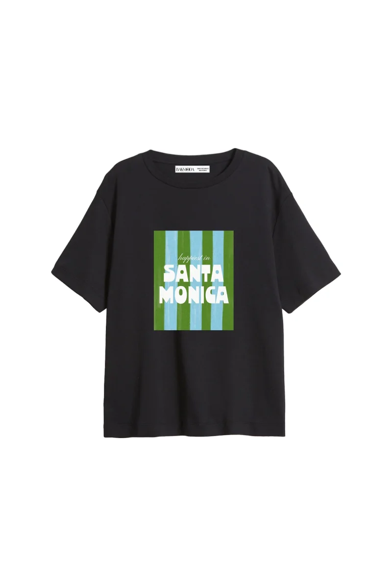 Santa Monica Baskılı Relaxed Fit Siyah Kadın Tshirt