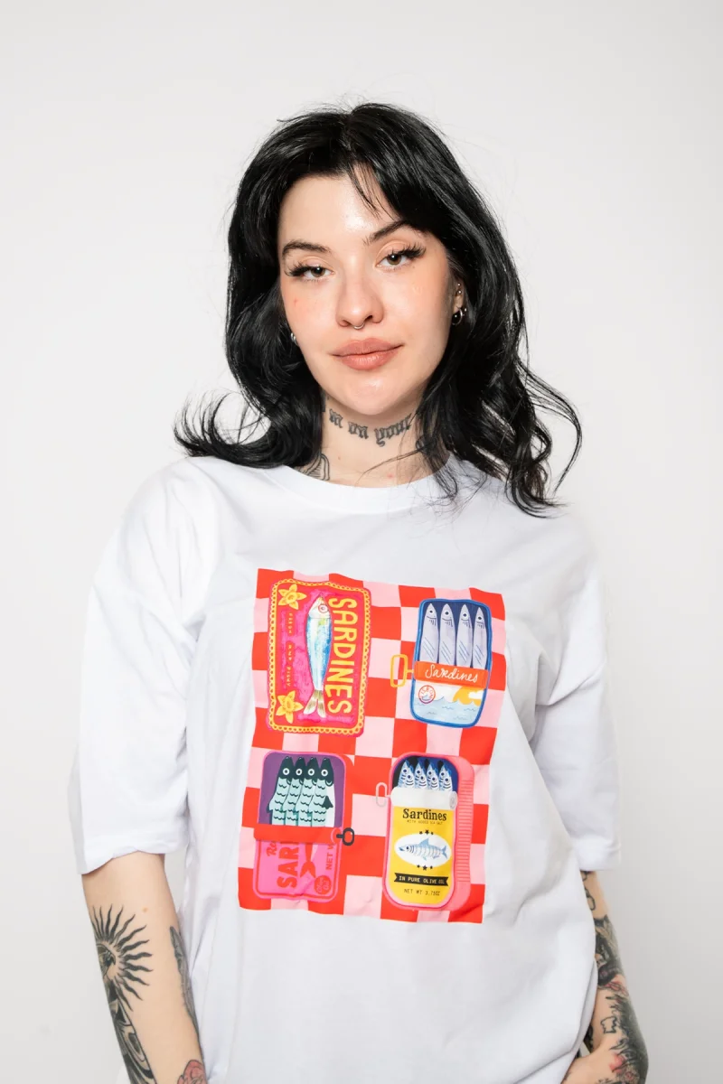 Sardines Baskılı Oversize Unisex Beyaz Tshirt