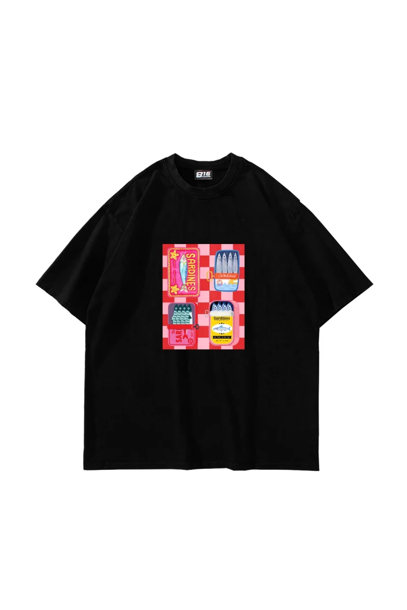 Sardines Baskılı Oversize Unisex Siyah Tshirt