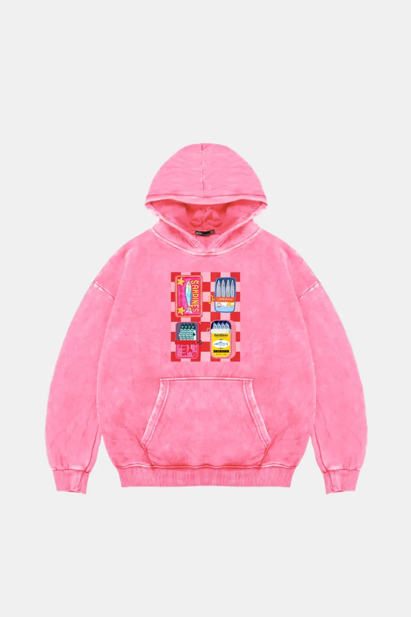 Sardines Baskılı Oversize Unisex Yıkamalı Pembe Hoodie