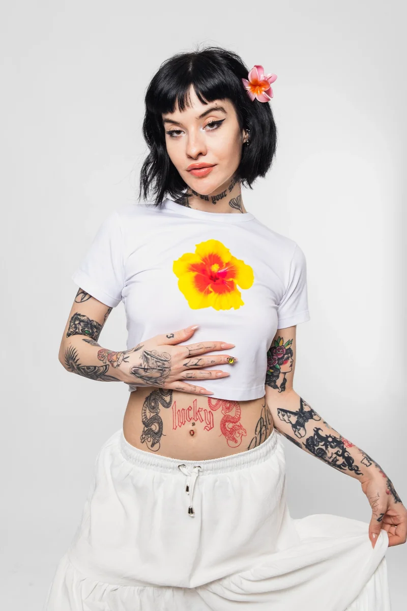 Sarı Çiçek Baskılı Beyaz Crop Top