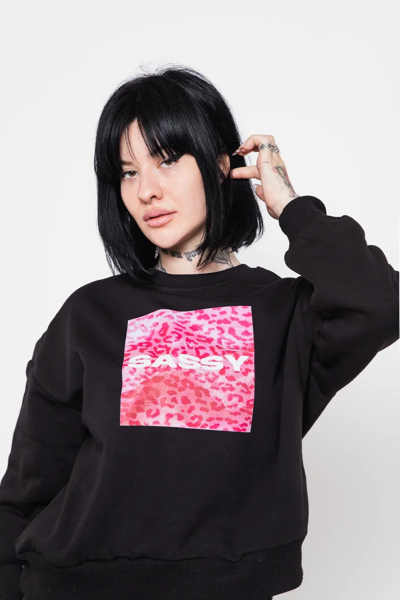 Sassy Baskılı Kapüşonsuz Relaxed Fit Kadın Siyah Sweatshirt