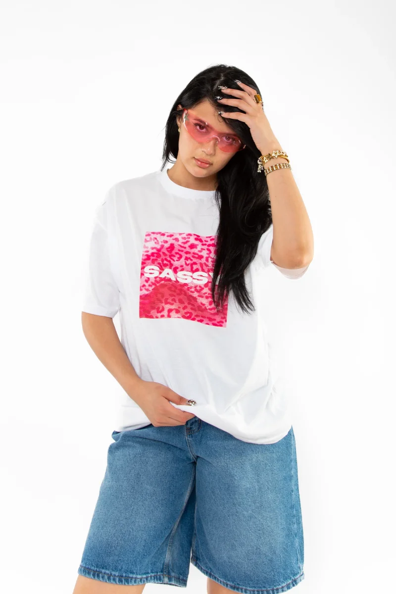 SASSY Baskılı Oversize Unisex Beyaz Tshirt