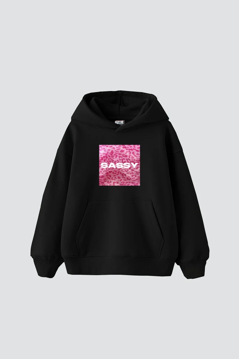 Sassy Baskılı Oversize Unisex Siyah Hoodie
