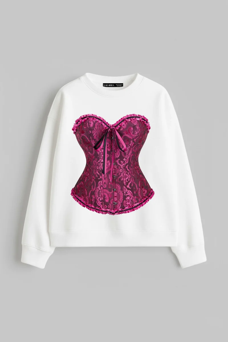 Sassy Corset Baskılı Kapüşonsuz Relaxed Fit Kadın Beyaz Sweatshirt