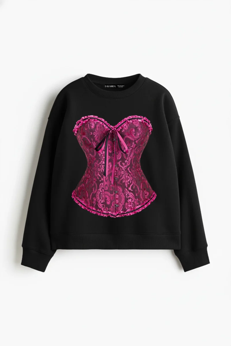 Sassy Corset Baskılı Kapüşonsuz Relaxed Fit Kadın Siyah Sweatshirt