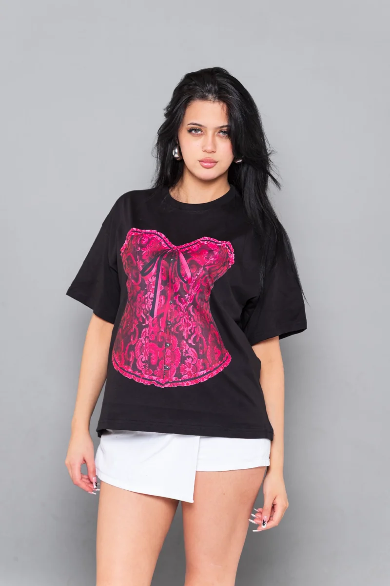 Sassy Corset Baskılı Relaxed Fit Siyah Kadın Tshirt