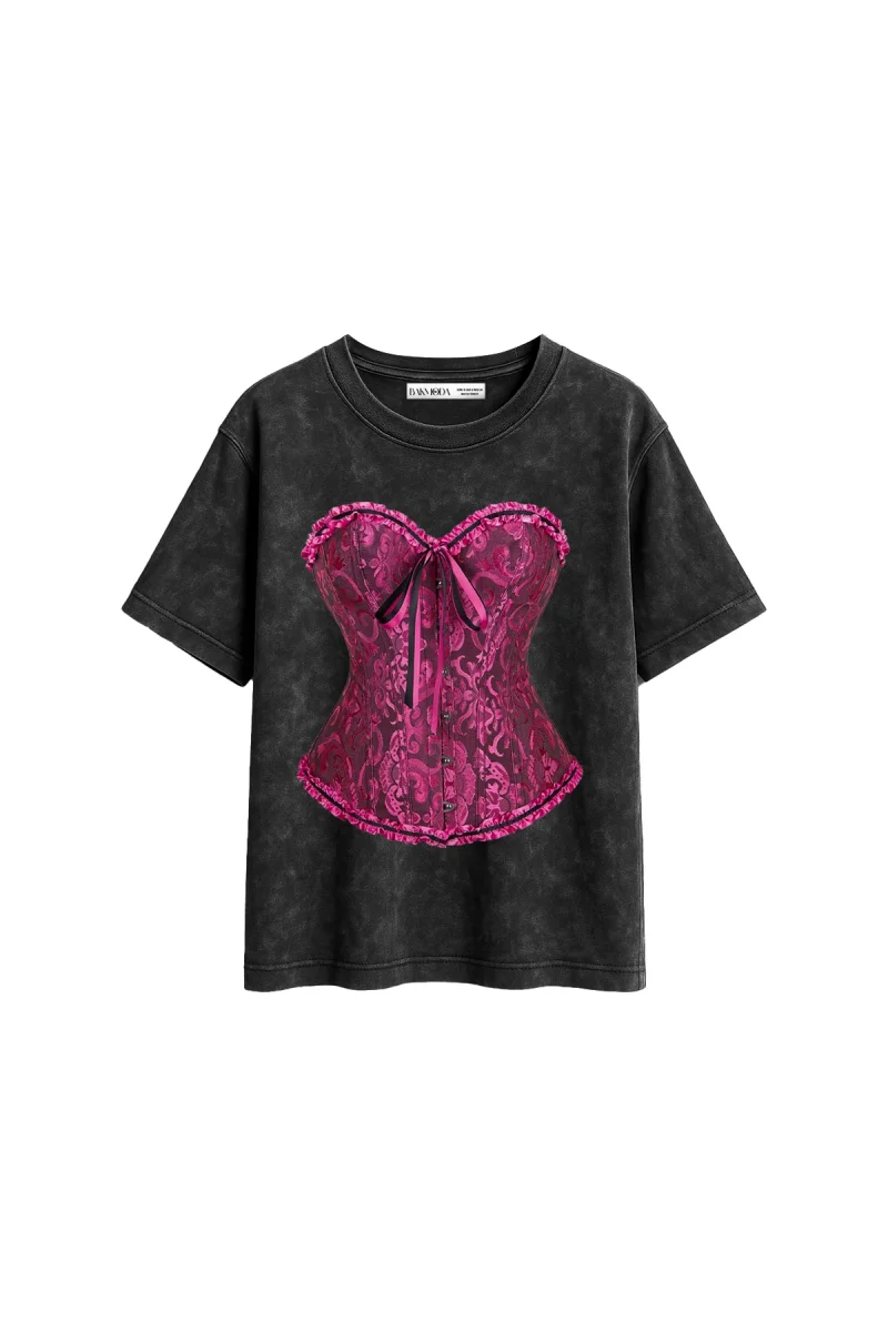 Sassy Corset Baskılı Relaxed Fit Yıkamalı Siyah Kadın Tshirt