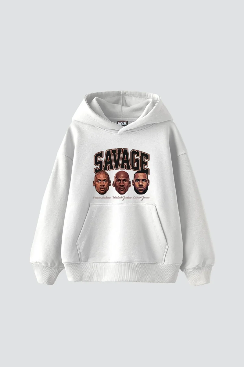Savage Boys Baskılı Oversize Unisex Beyaz Hoodie