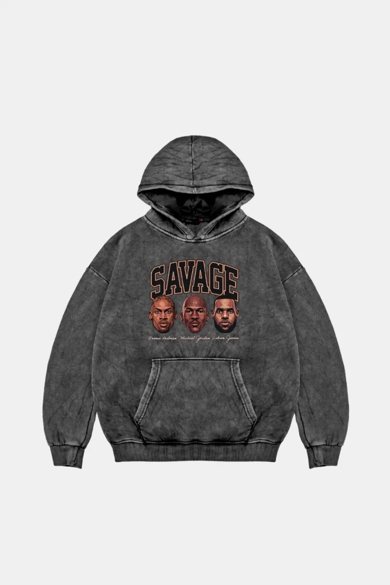 Savage Boys Baskılı Oversize Unisex Yıkamalı Siyah Hoodie