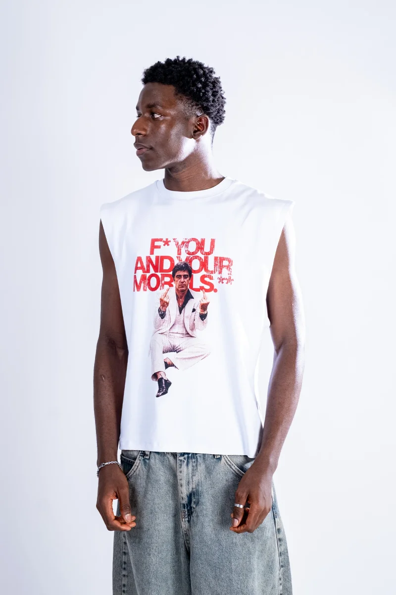 Scarface Morals Baskılı Beyaz Sıfır Kol Tshirt