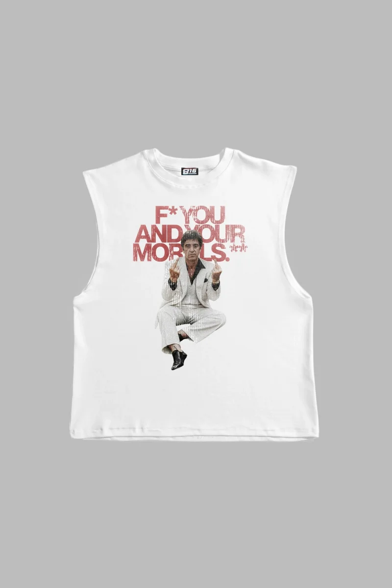 Scarface Morals Baskılı Beyaz Sıfır Kol Tshirt