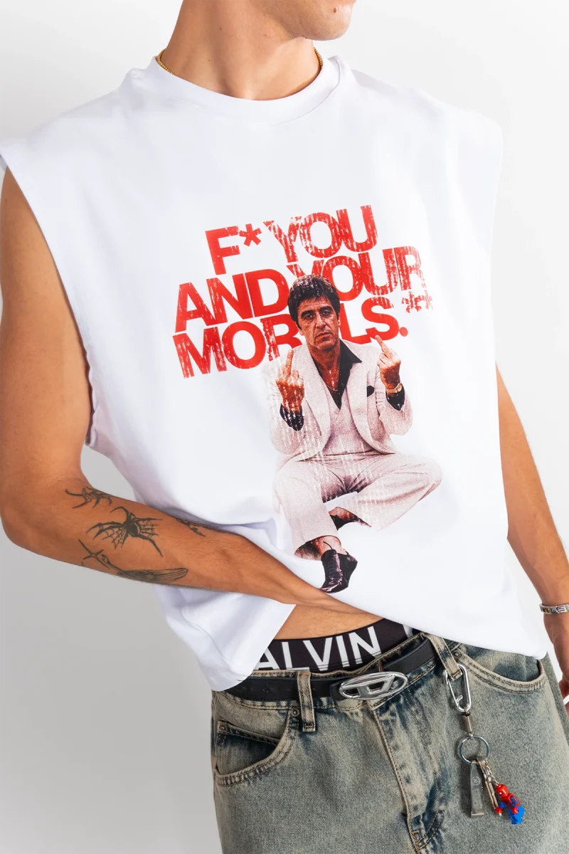 Scarface Morals Baskılı Beyaz Sıfır Kol Tshirt