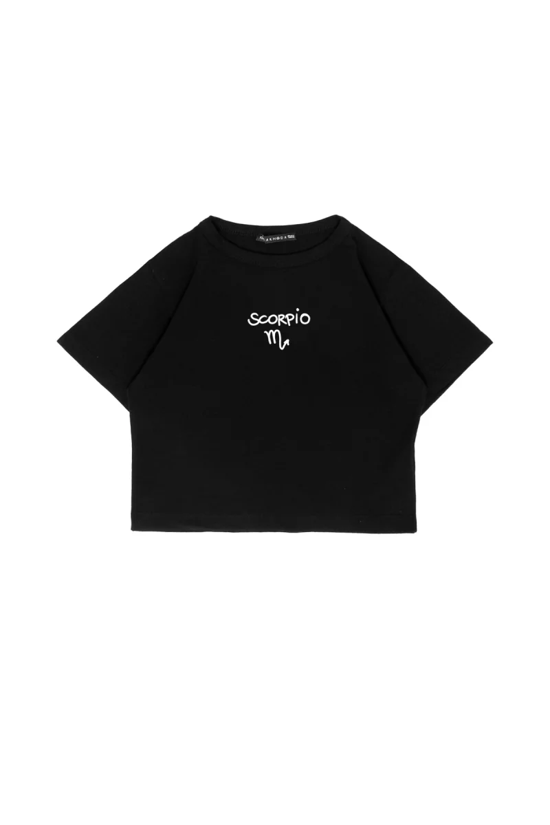 Scorpio Baskılı Siyah Crop Top