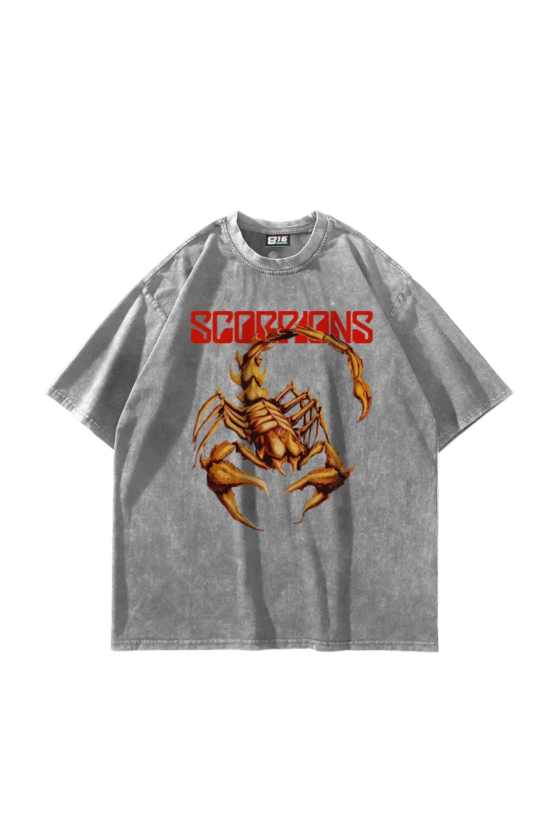 Scorpion Ön Baskılı Yıkamalı Beyaz Oversize Unisex Tshirt