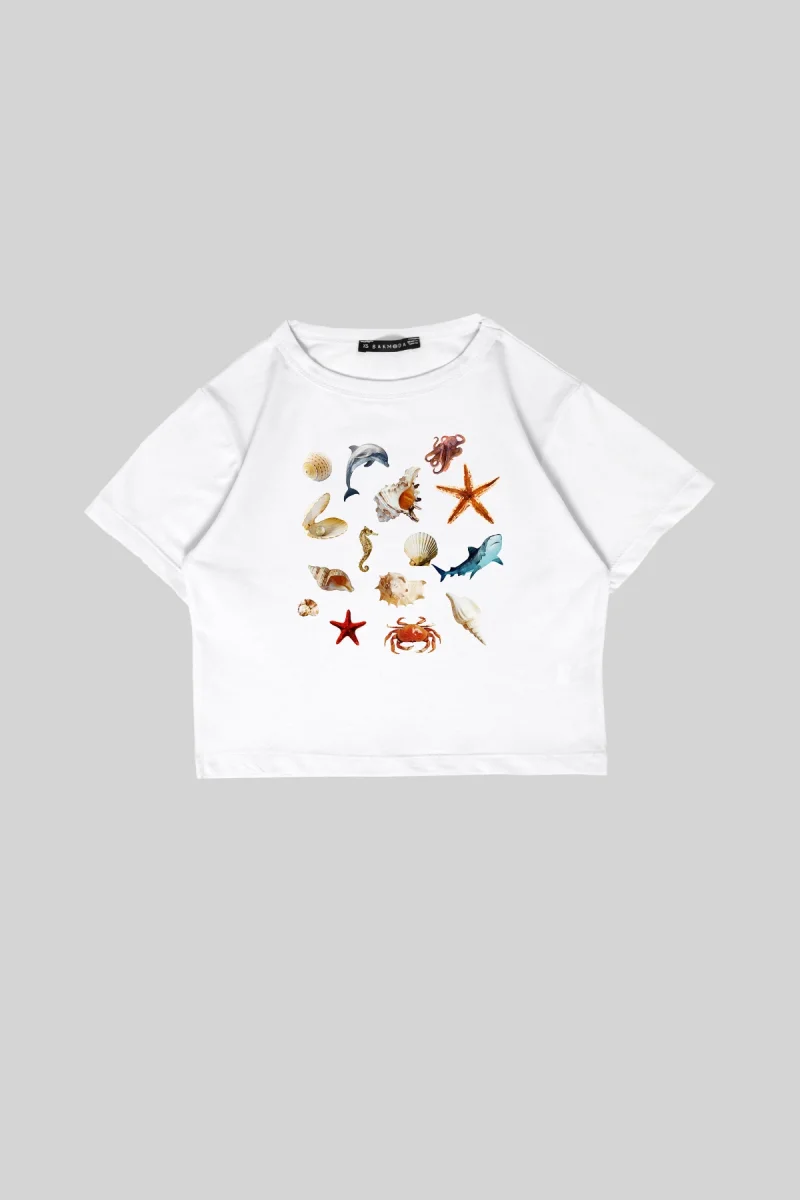 SeaShell Baskılı Beyaz Crop Top