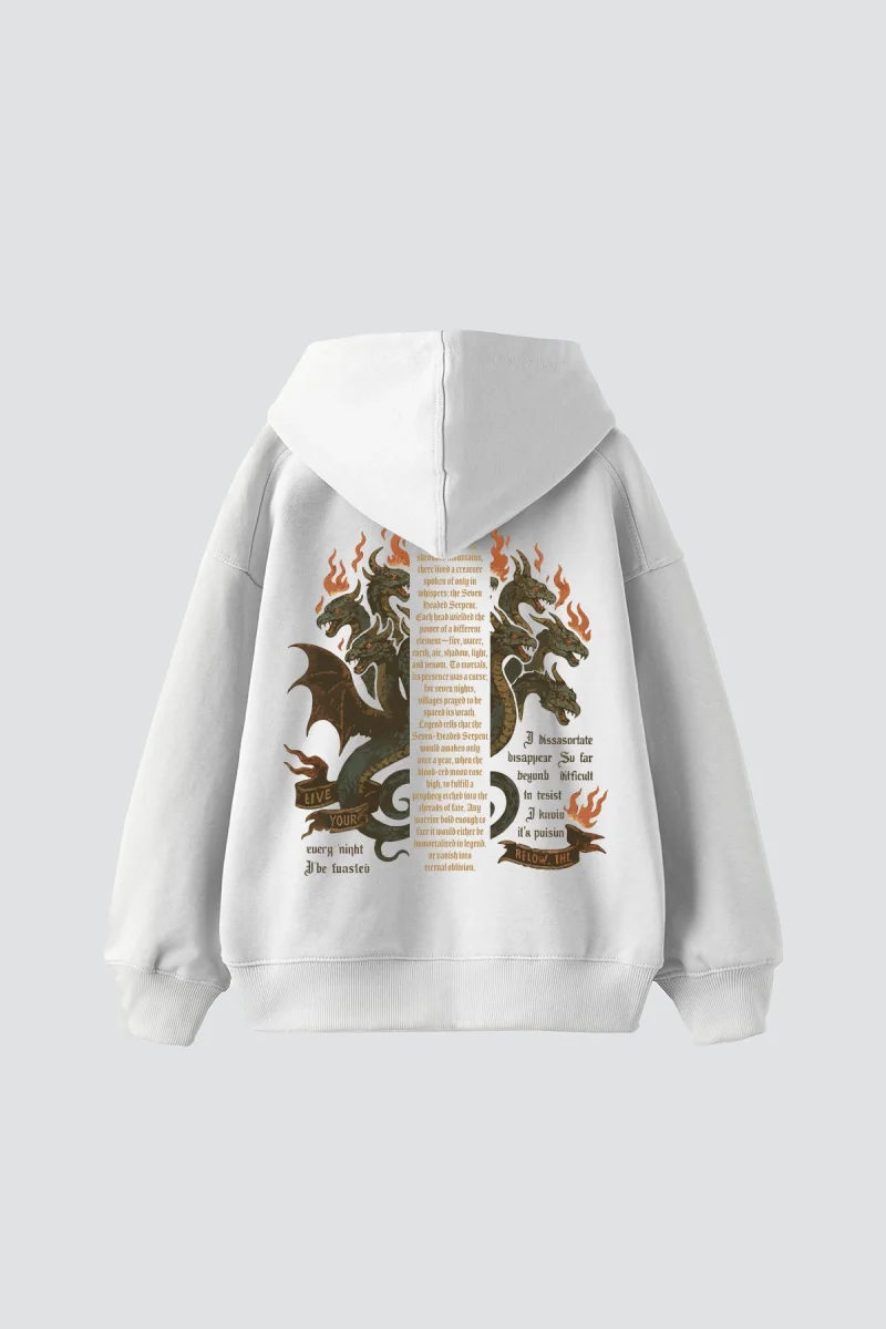 Seven-Headed Serpent Baskılı Oversize Unisex Beyaz Hoodie