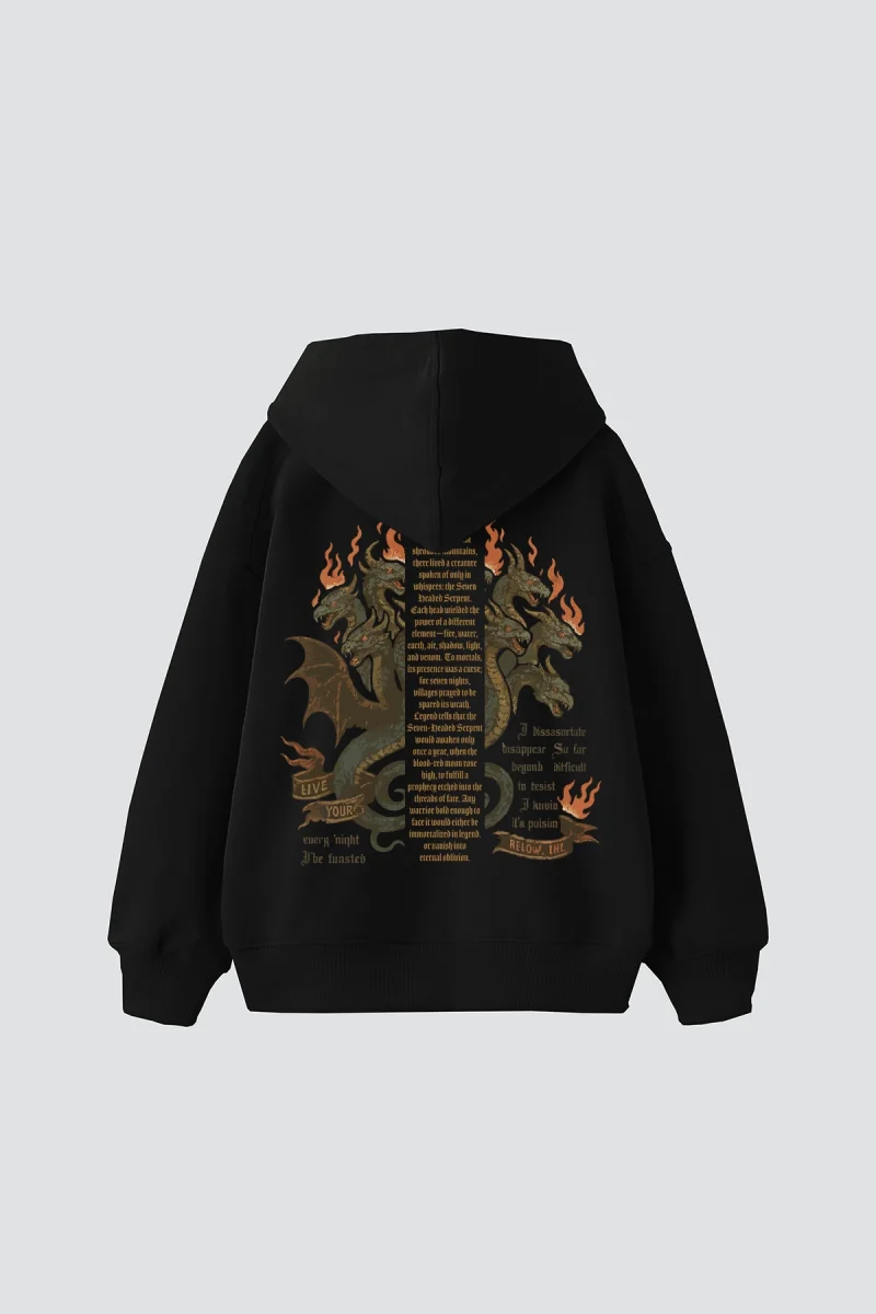 Seven-Headed Serpent Baskılı Oversize Unisex Siyah Hoodie