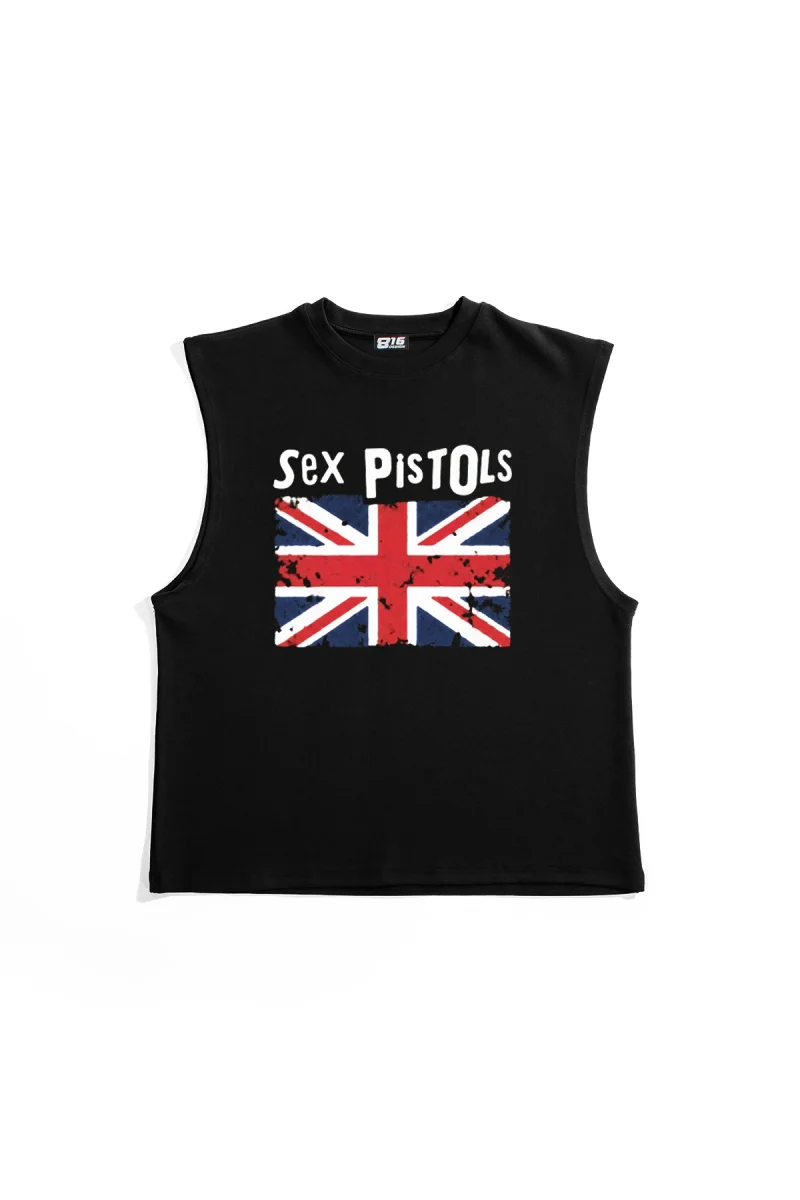 Sex Pistols U.K. Baskılı Siyah Sıfır Kol Tshirt