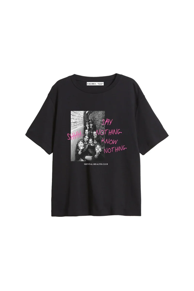 Shh Know Nothing Baskılı Relaxed Fit Siyah Kadın Tshirt
