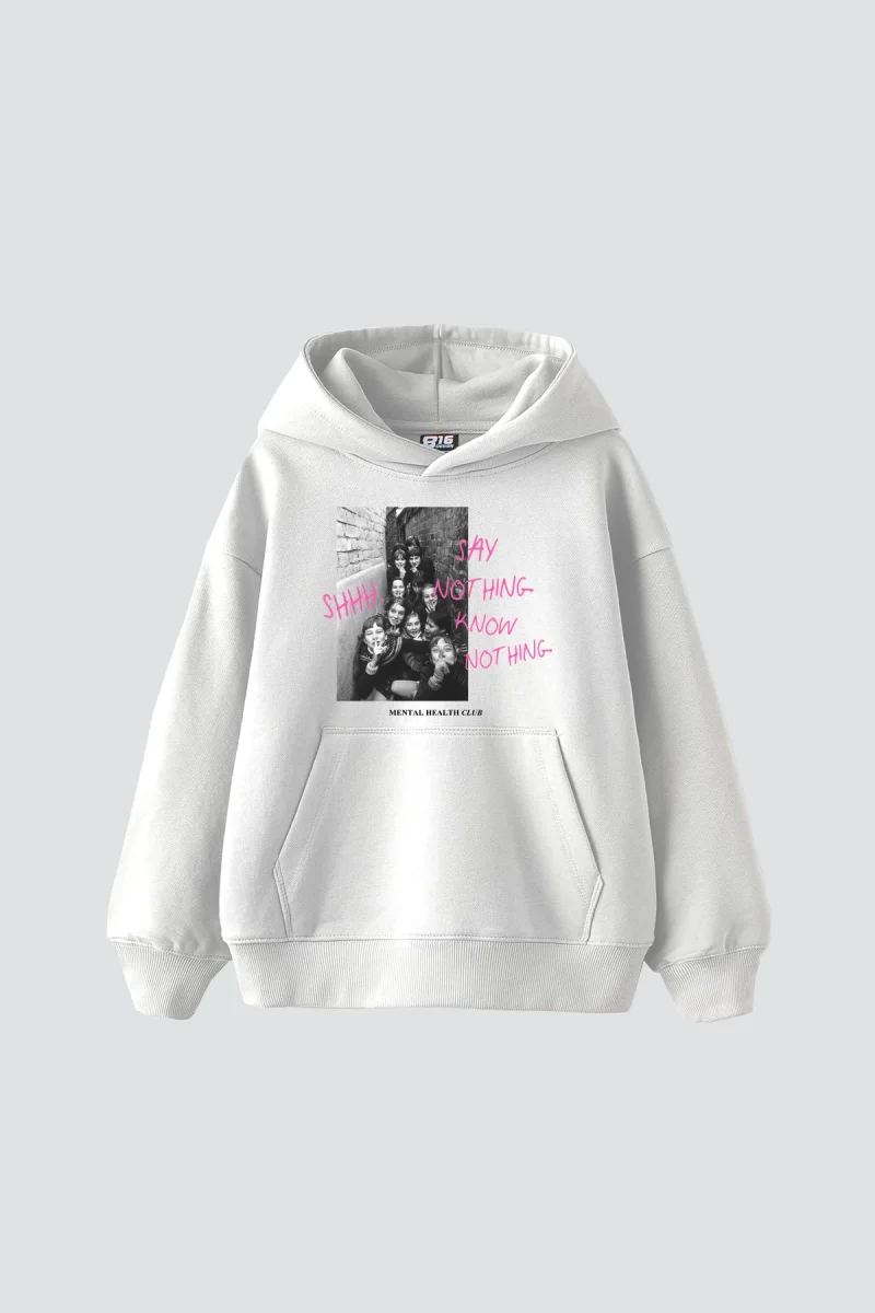 Shh Know Nothing Vintage Baskılı Oversize Unisex Beyaz Hoodie