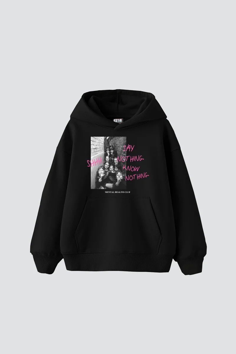 Shh Know Nothing Vintage Baskılı Oversize Unisex Siyah Hoodie