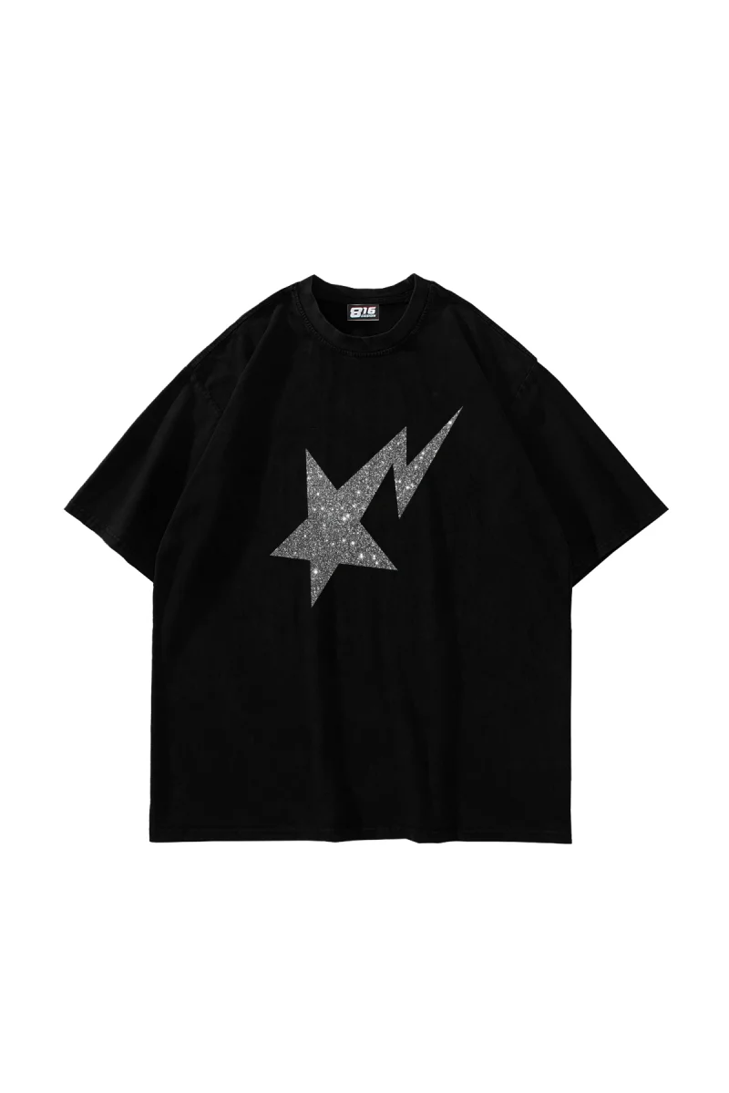 Shining Star Beyaz Baskılı Oversize Unisex Premium Siyah Tshirt