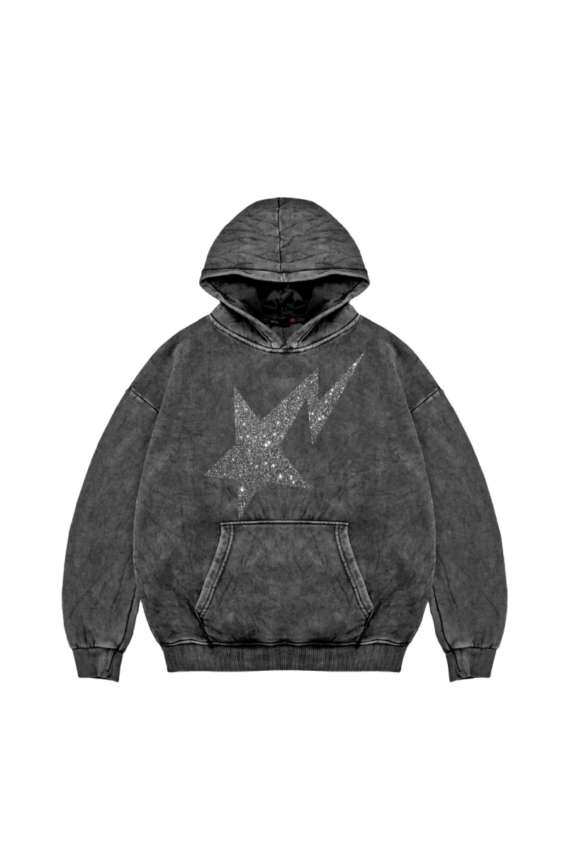 Shining Star Beyaz Baskılı Oversize Unisex Premium Yıkamalı Siyah Hoodie