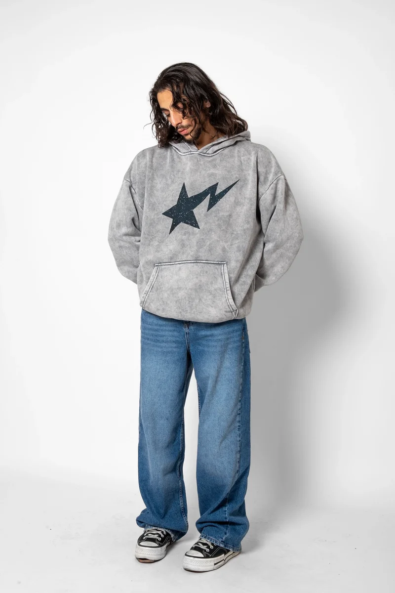 Shining Star Siyah Baskılı Oversize Unisex Premium Yıkamalı Beyaz Hoodie