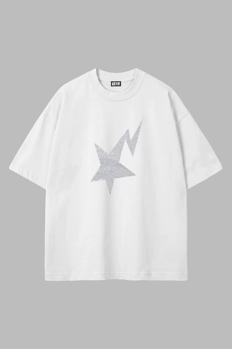Shining Star Taş Baskılı Oversize Unisex Beyaz Tshirt
