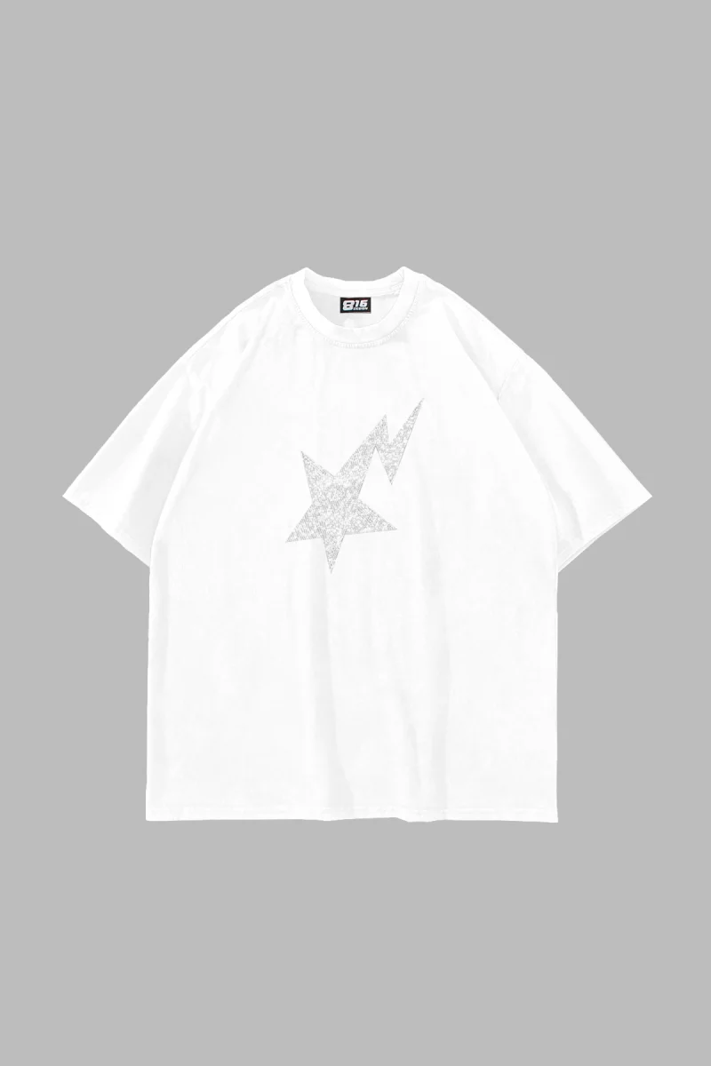 Shining Star Taş Baskılı Oversize Unisex Beyaz Tshirt