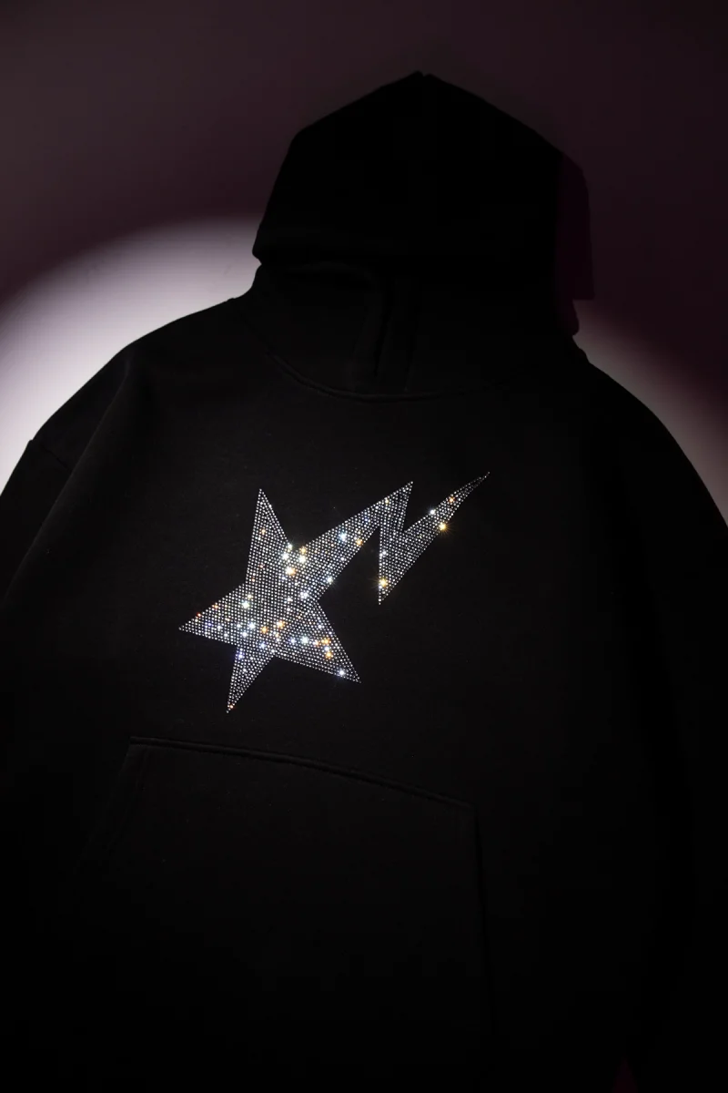 Taş Baskı Shining Star Oversize Unisex Premium Siyah Hoodie