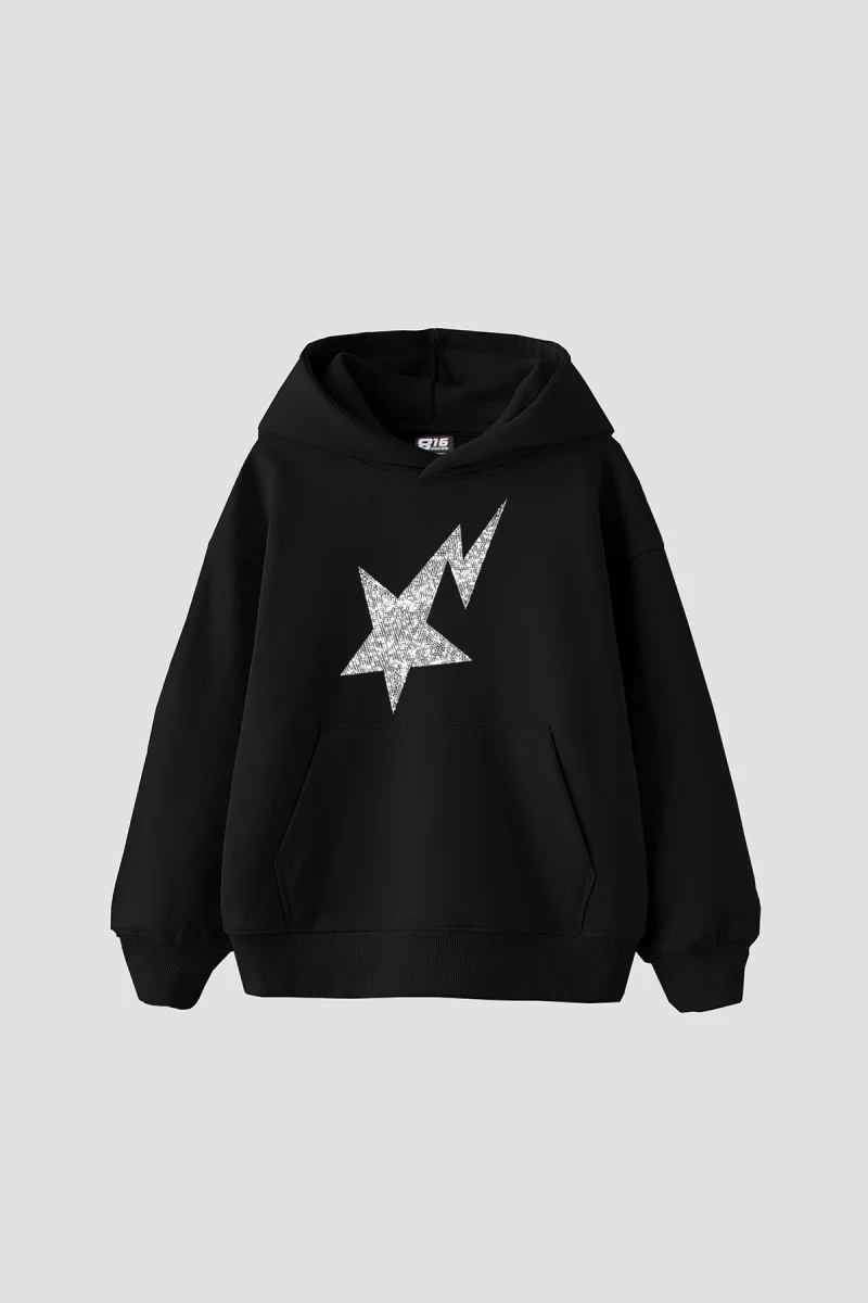 Taş Baskı Shining Star Oversize Unisex Premium Siyah Hoodie