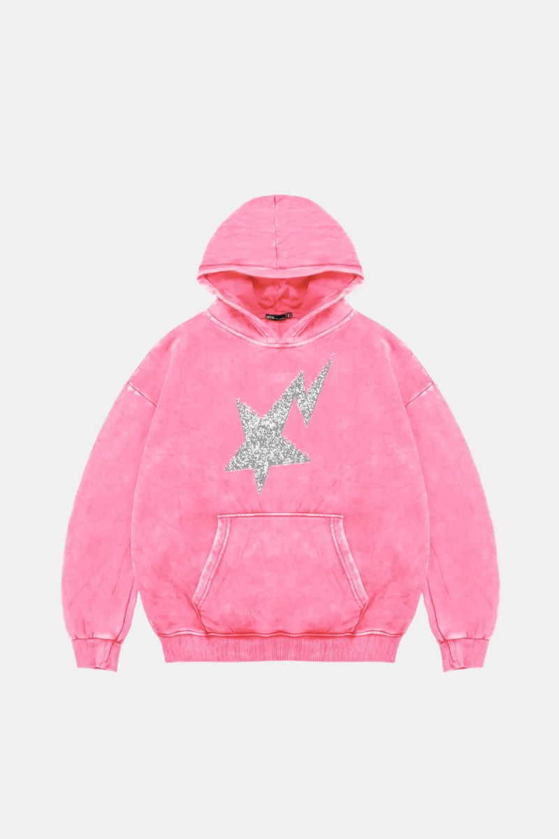 Shining Star Taş Baskılı Oversize Unisex Premium Yıkamalı Pembe Hoodie