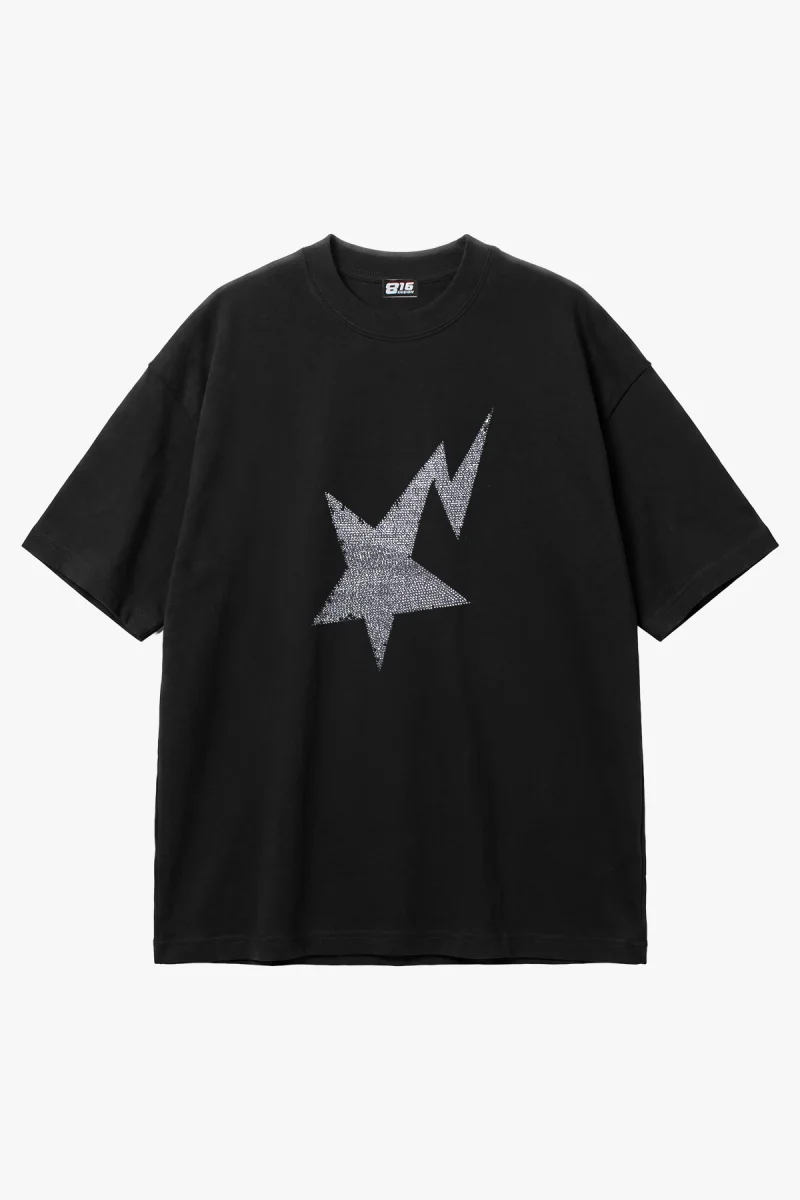 Shining Star Taş Baskılı Oversize Unisex Siyah Tshirt
