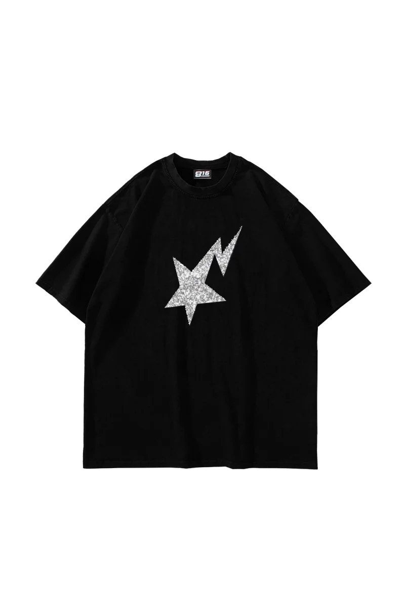 Shining Star Taş Baskılı Oversize Unisex Siyah Tshirt