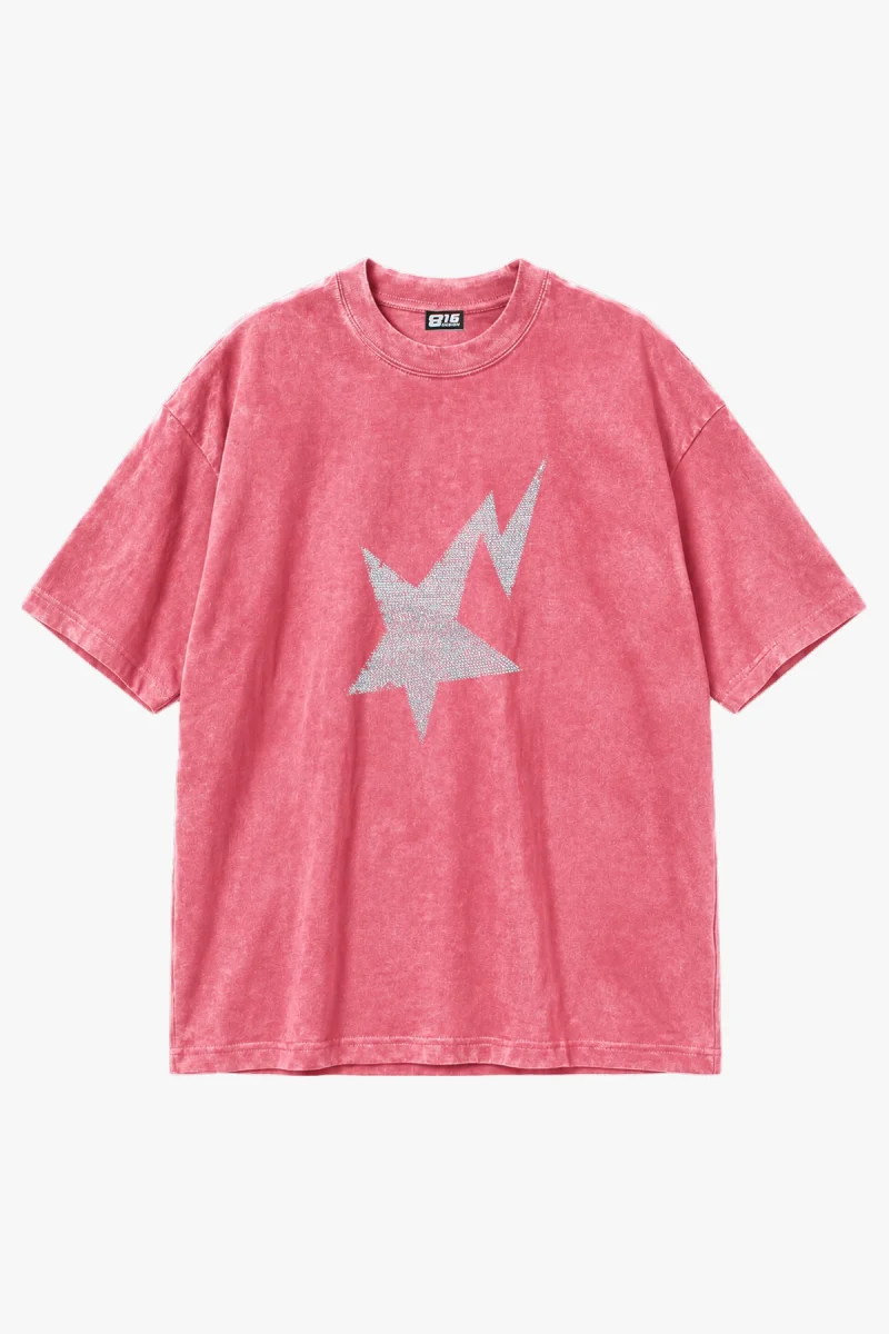 Shining Star Taş Baskılı Oversize Unisex Yıkamalı Pembe Tshirt