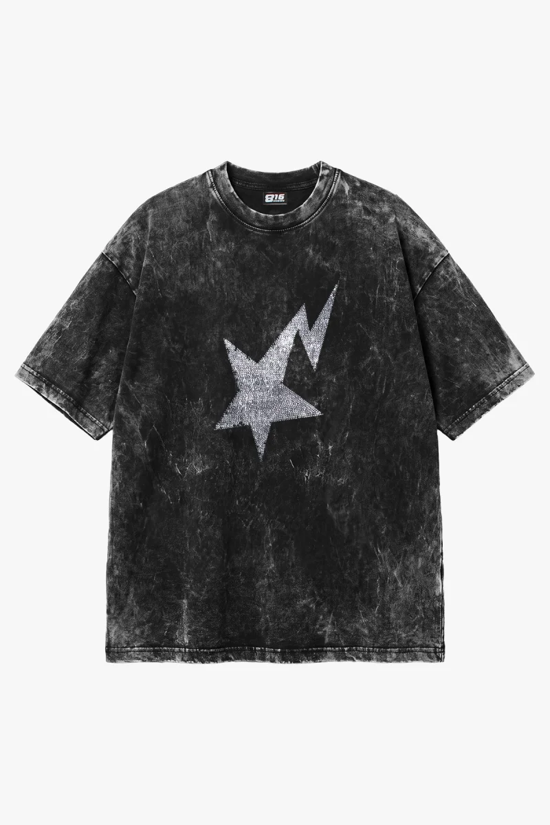 Shining Star Taş Baskılı Oversize Unisex Yıkamalı Siyah Tshirt