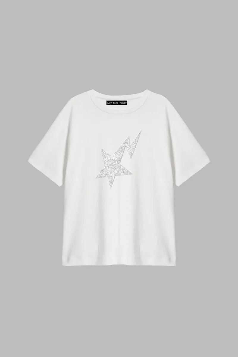 Shining Star Taş Baskılı Relaxed Fit Beyaz Kadın Tshirt