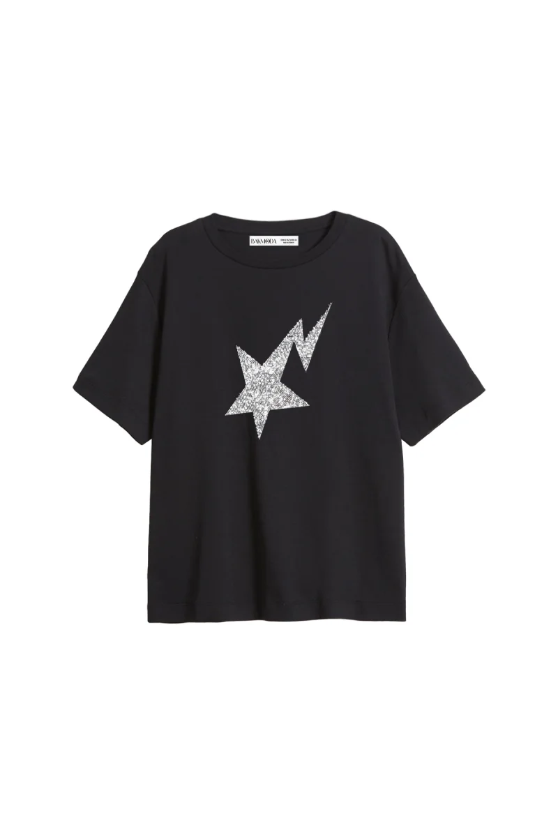 Shining Star Taş Baskılı Relaxed Fit Siyah Kadın Tshirt