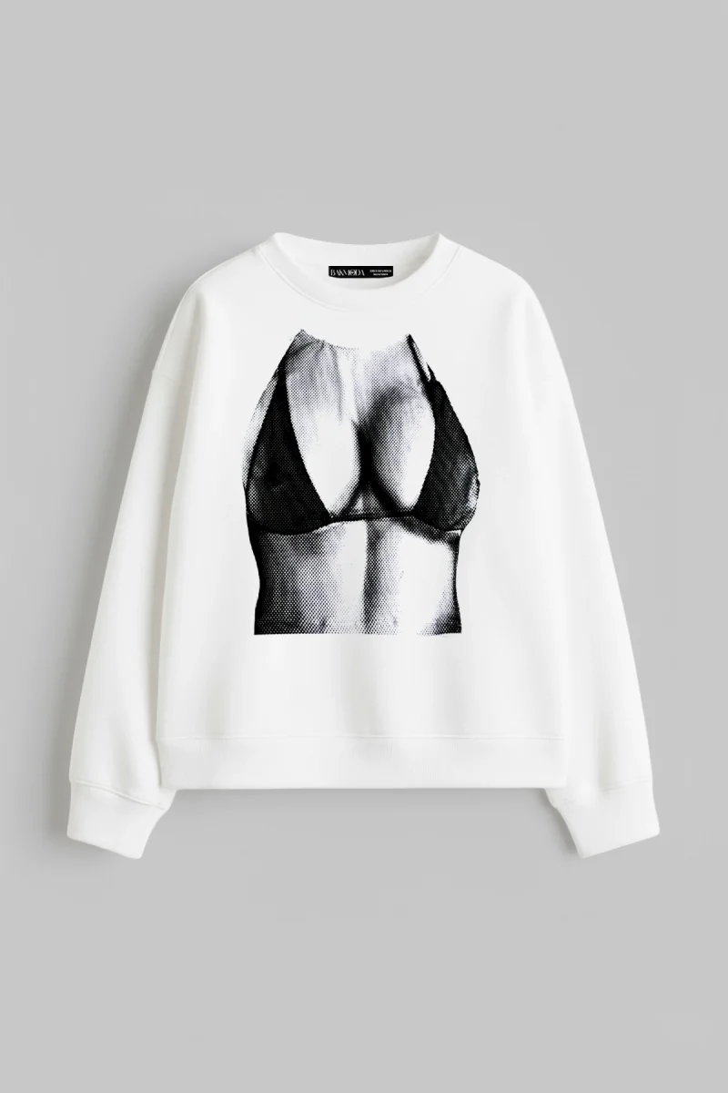 Silhouette Bikini Baskılı Kapüşonsuz Relaxed Fit Kadın Beyaz Sweatshirt