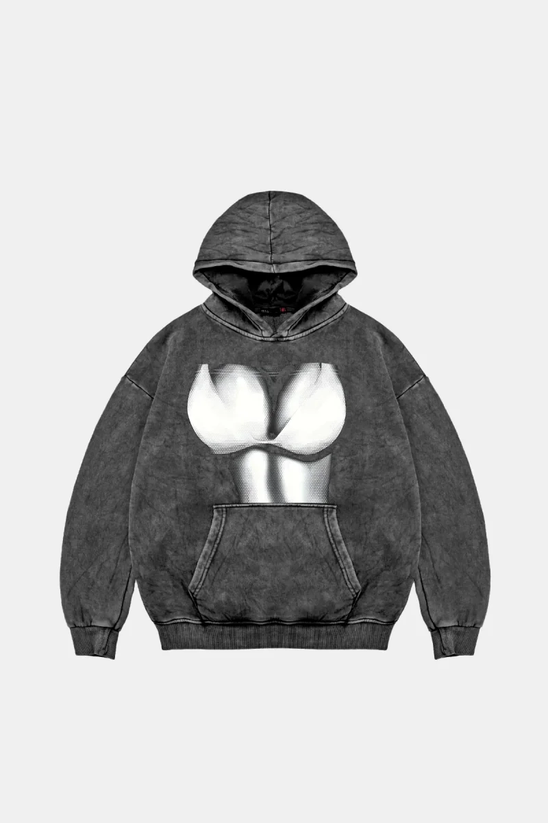 Silhouette Boobs Baskılı Oversize Unisex Yıkamalı Siyah Hoodie