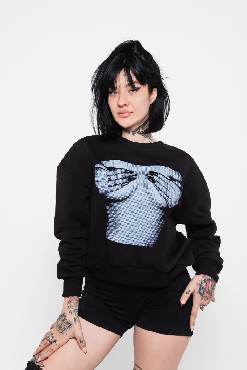 Silhouette Boobs V2 Baskılı Kapüşonsuz Relaxed Fit Kadın Siyah Sweatshirt