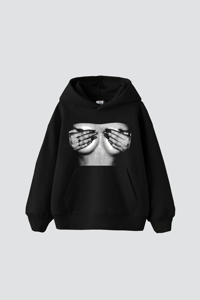 Silhouette Boobs V2 Baskılı Oversize Unisex Siyah Hoodie